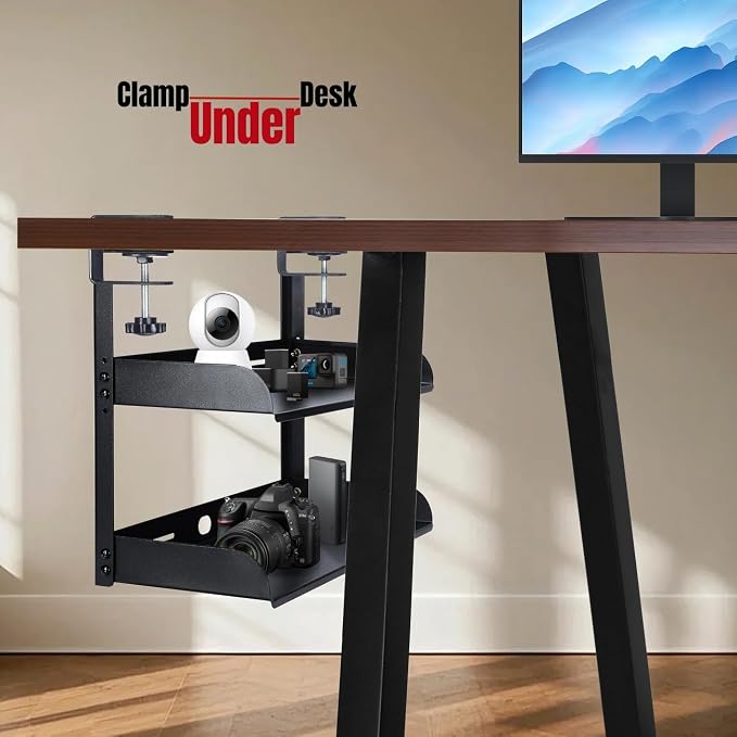 CanKing Desk Clamp Shelf 15 Inch Metal Organizer 2 Tier Adjustable Storage Rack Fits on or Under Table for Desktop Accessories Tray