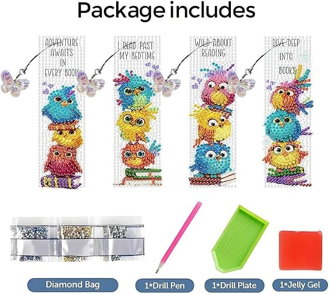 8PCS Owl Diamond Painting Bookmark DIY Diamond Art Kits for Adults, Acryliy Bird Diamond Art Bookmarks with Pendant for Book Lovers