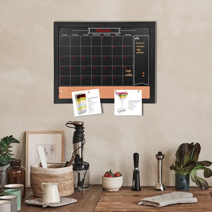 Chalkboard Calendar and Bulletin Combo Board. 13" x 17" Black Wooden Frame,Magnetic Chalkboard.Perfect for Office, Home School Message Board,HBZHB-BK3442-US
