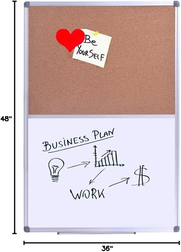 Magnetic Combination Whiteboard & Cork Bulletin Board 48 x 36 Inch - Dual Surface Vision Board for Home Office Organization, Kitchen Meal Planning & School Study - Silver Aluminum Frame