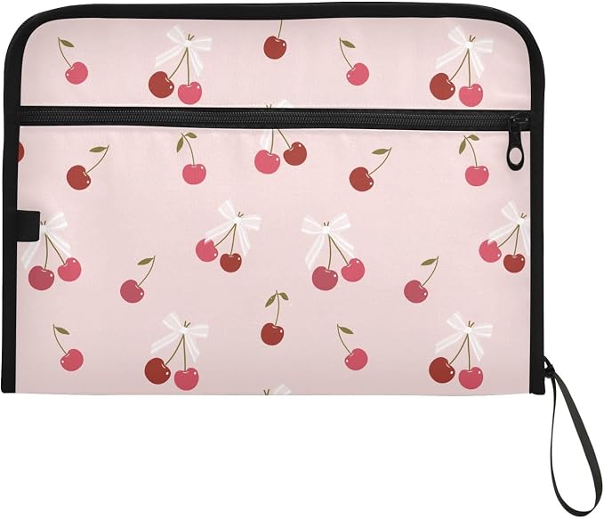 Cherry Striped Bow File Folders,Plastic Folders with 13 Pockets,Expandable File Folder for Documents School Students Office,Aesthetic Folder with Labels A4 Letter Size