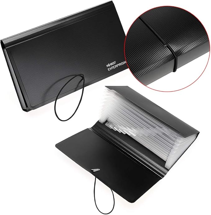 BTSKY Expanding File Folder - New 13 Pockets Handy Accordion File Organizer for Receipts Coupons Cards Tickets Tax Item File Storage Folder Check Bill Plastic Accordion Wallet Case(with Rope,Black)