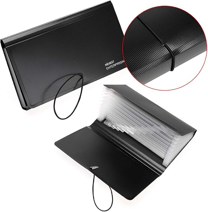 BTSKY Expanding File Folder - New 13 Pockets Handy Accordion File Organizer for Receipts Coupons Cards Tickets Tax Item File Storage Folder Check Bill Plastic Accordion Wallet Case(with Rope,Black)
