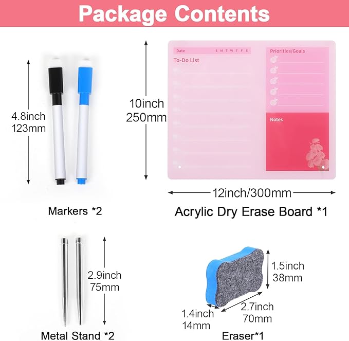 LeMotech Desktop Acrylic Dry Erase Board, 12x10 inches to-Do List Planner, Tabletop Whiteboard with Stand Office Supplies Includes 2 Markers & 1 Eraser, Pink Rose Pattern, 1 Pack