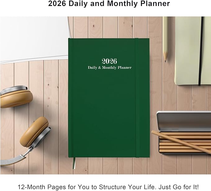 2026 Daily & Monthly Planner - 2026 Daily Planner One Page Per Day from January 2026 to December 2026, 5.8" x 8.3" Hourly Appointment Book Perfect Organizer Daily Life, Fabric Cover, Green