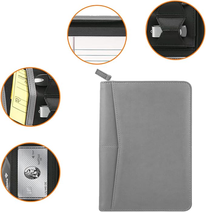 Junior Business Padfolio - A5 PU Leather Portfolio Binder & Zippered Binder Folder with 5 x 8 Writing Pad and Interior Storage Pocket Executive Business Organizer for Men Women,Gray