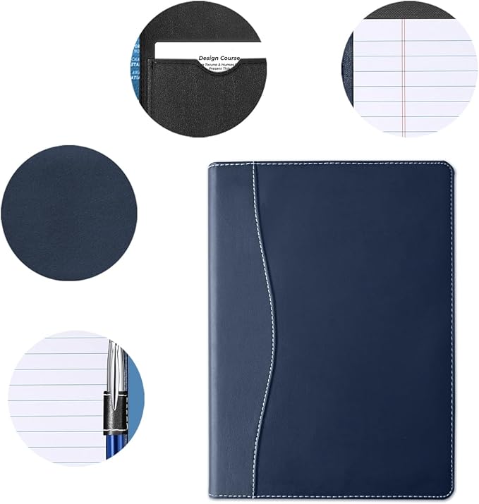 Mini Padfolio/Junior Portfolio Folder Case, Business A5 Binder Organizer Notepad for Men Women, 5 x 8 Writing Pad Included, Navy Blue