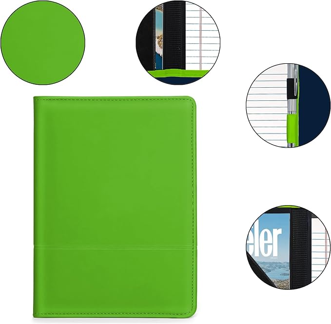 A5 Padfolio Business Portfolio Folder,Junior Size Document Folder Organizer, Padfolio with Interior Pocket and Pen Loop, 5 x 8 Writing Pad Included. Green