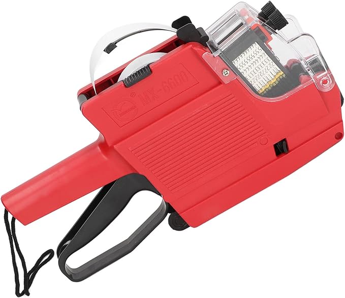Price Tag Gun, 10 Digits 2 Lines Labeler Marker Attacher Tool for Office Retail Store 2 Row Price Tag Gun Kit with Label Stickers and Ink Rolls (Red)