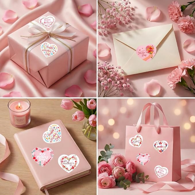 Mothers Day Stickers, 120PCS Happy Mothers Day Stickers, 2" Heart Shaped Mom Sticker Decal, Mom Gifts, 20 Sheet Self-Adhesive Mothers Day Crafted Mother's Day Labels Sticker for Envelope Seal Card Box