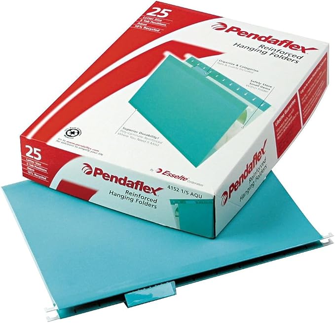 Pendaflex Reinforced Hanging File Folders, Letter Size, Aqua, 1/5 Cut, 25/BX (4152 1/5 AQU)