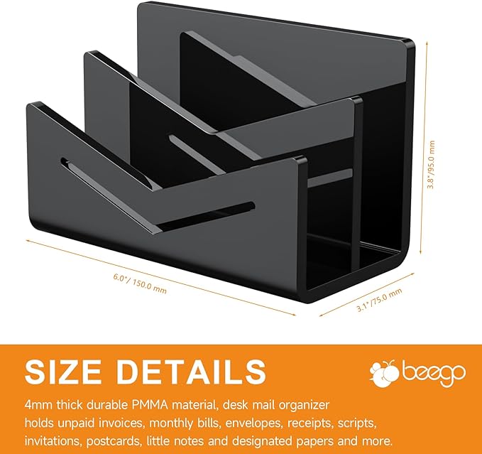 Beego Envelope and Mail Organizer Countertop - 2 Compartments Black Acrylic Desk Organizer Letter Holder Desktop File Sorter Bill Document Folder Rack for Office, Home, School Desk Organization