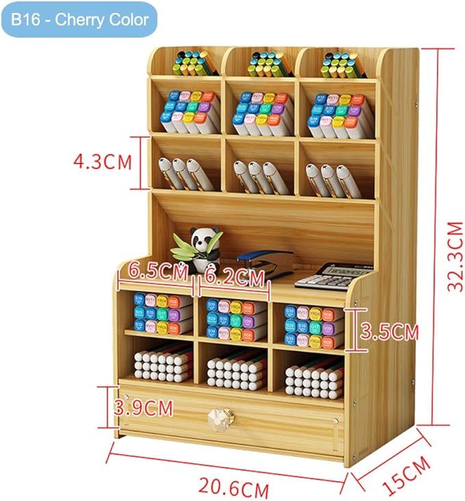 Hggzeg Wooden Desk Organizer with Drawer, Large Capacity DIY Pen Holder Storage Box Desktop Stationary Storage Rack, Pen Organizer Caddies for Office, Home and School Supplies (B16-Cherry Color)