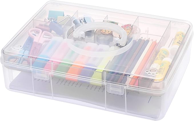 BTSKY 2-Tier Cute Bear Storage Box with Removable Divided Tray Portable Clear Plastic Art Craft Supply Organizer Stackable Home Office Supplies Storage Container for Pens Notes A4 papers etc (Coffee)