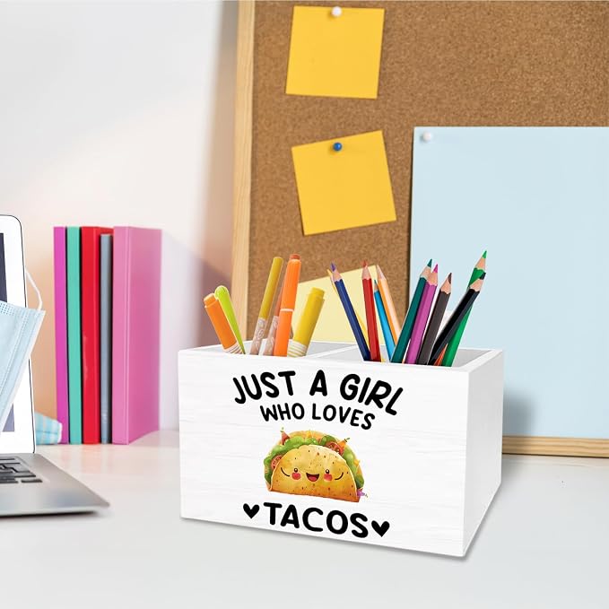 Mexican Taco Pen Holder for Desk, Gifts for Taco Lovers Pencil Organizer, Just a Girl Who Loves Tacos Wooden Box Sign Desk Decor for Home Office Decoration