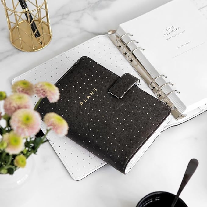 Filofax Moonlight Organizer, Personal Size, Black - Leather-Look, Gold Accents, Six Rings, Week-to-View Calendar Diary, Multilingual, 2025 (C022654-25)