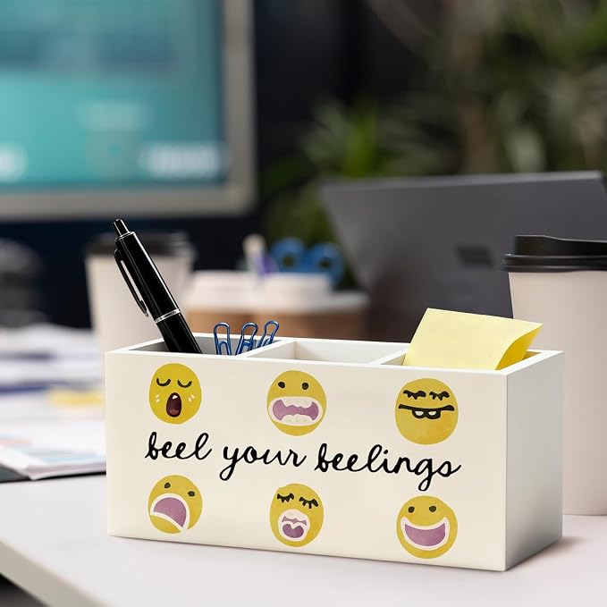 Mental Health Pen Pencil Holder, Emotions Feelings Classroom Wood Desk Organizer and Accessories, Keep You Feelings Pen Holder Desk Organizer for Therapy Counselor Office Classroom Tabletop