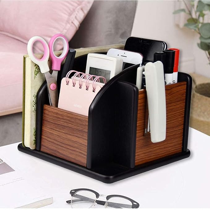 Belee Wooden Revoling Office Supply Caddy Desk Pencil Holder Storage Wood Spinning Desktop Organizer Remote Control Supplies Storage Rack(360 carousel)