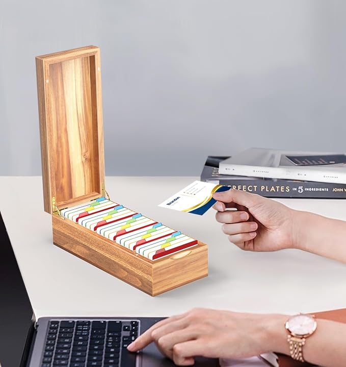 Neando Acacia Wood Business Card Holder with Lid β 2x3.5β Index Card Organizer with 5 Compartments, Holds 600 Cards, Magnetic Closure, 20 Blank Tabs β Rustic Desktop Filing Box for Office & Home