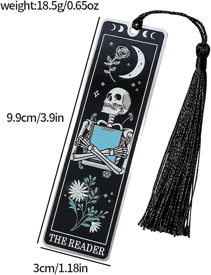 3Pcs Unique Skull Reader Bookmark - Metal Bookmark with Black Tassel, Star and Rose Pattern, Engraved “THE Reader” for Dark Gothic Lovers, Women Readers Fantasy Gift Gothic Gift (Black Skull Reader)