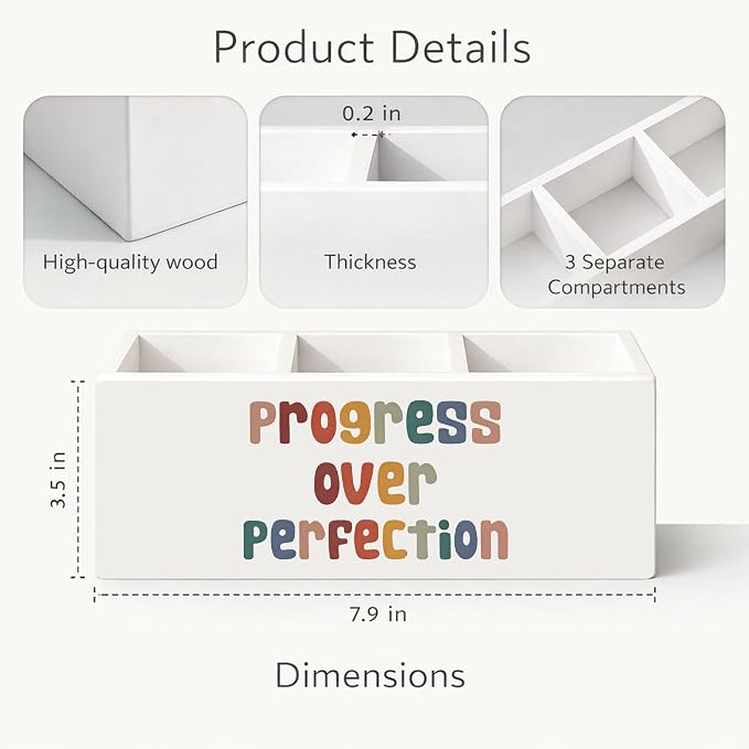 Progress Over Perfection Pen Holder, Motivational Desk Organizer, 3 Compartments Wooden Pencil Caddy for Office, Home, Classroom