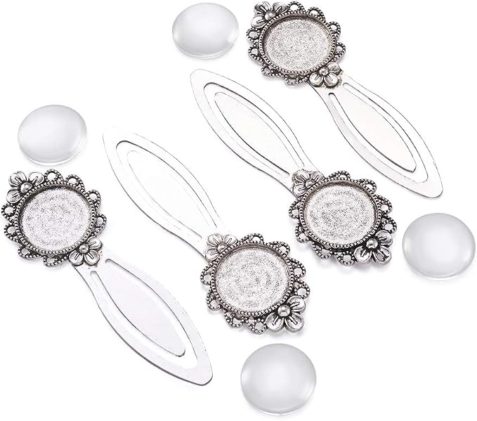 FASHEWELRY 20Pcs Antique Silver Bookmark Pendant Tray Kit Include 10Pcs 3/4 Inch Flower Round Blank Bezel Base Setting Charms with 10Pcs Clear Glass Dome Tiles Cabochons