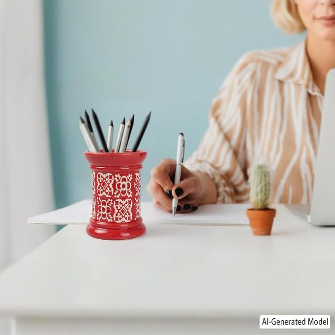 Printed Pencil Holder, Cute Pen Holder for Desk, Ceramic Carved Cylinder Pencil Holder, Office Decoration Container Islamic Style(Red)