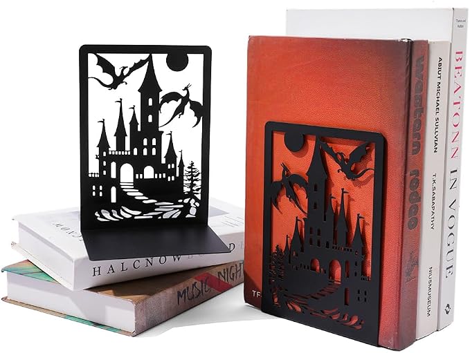 Book Ends, Bookends, Book Ends for Shelves, 1 Pair Non Skid Metal Book Divider Decorative Holder, Abstract Art Desgin Book Stopper Supports for Office, Home (Dragon B)