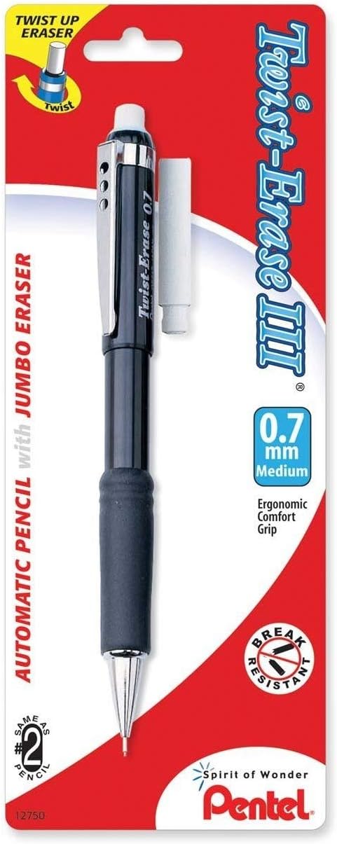 Pentel Twist-Erase III Automatic Pencil with 1 Eraser Refill, 0.7mm, Assorted Barrels, 1 Pack (QE517BP-K6) (Pack of 1)