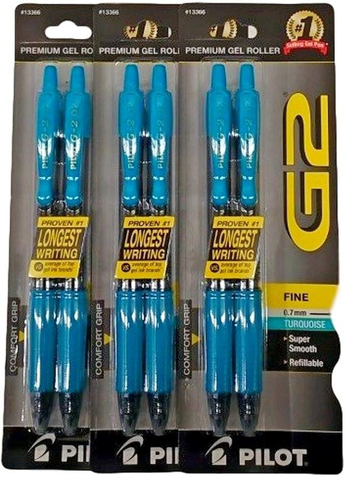 Pilot G2 Turquoise Pens with Turquoise Ink, Retractable Gel Ink Rolling Ball, 0.7 mm, Fine Point, 3 Pair, 6 Total