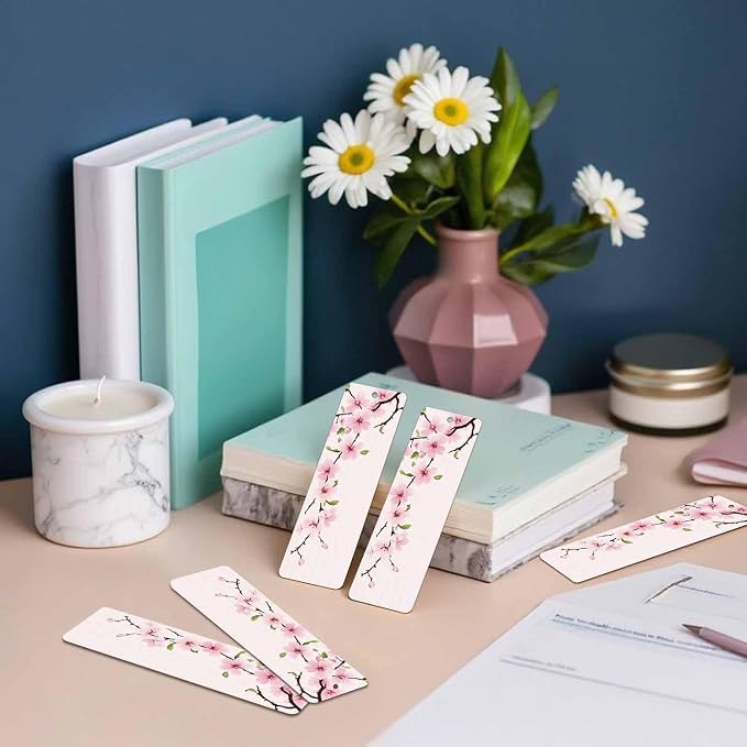 Cherry Blossom Bookmarks 5 Pcs with Tassels Pink Flowers Branch Romantic Spring Wooden Bookmarks for Reading Women Students Teacher Reader