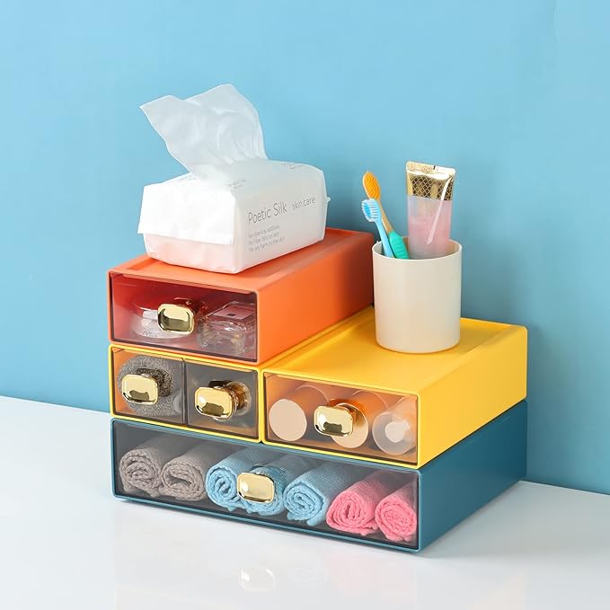 Spacious Desk Drawers, Stackable Desktop Organizer, Plastic Storage Box for Office, School & Home Supplies (4 Small Drawers, CYAN)