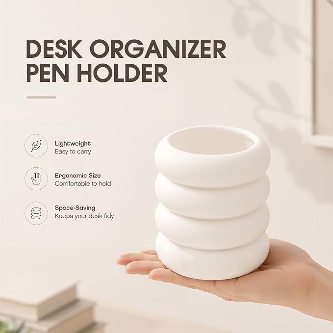 Aesthetic Desk Organizer Boho Pen Holder Modern Pencil Holder Beige Plastic Makeup Brush Organizer for Office Desk Accessories Stylish Home Office Art Decor Supplies(Wavy)