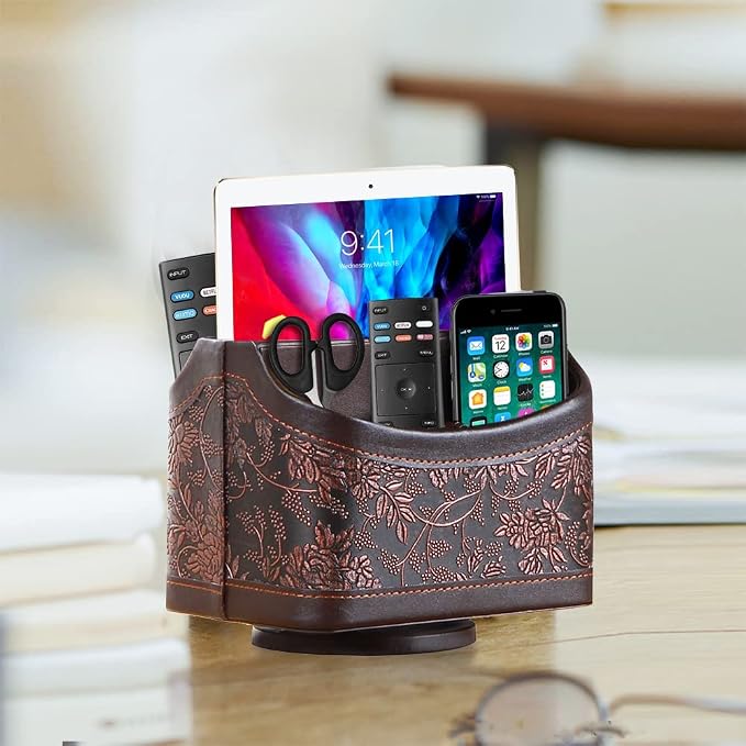 360° Rotating Remote Control Holder, PU Leather TV Remote Caddy Organizer Basket Storage Box with 5 Compartments for Pen, Pencil, Art Supplies, Makeup Brush, Office Desk Table Accessories