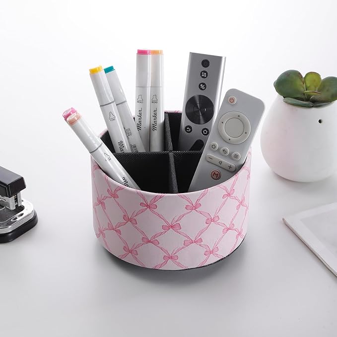 Cute Rotating Table Remote Control Holder, 360 Spinning PU Leather Remote Organizer and Makeup Brush Holder, Aesthetic Room Decor Storage Caddy for Nightstand, Pink Bow PH131