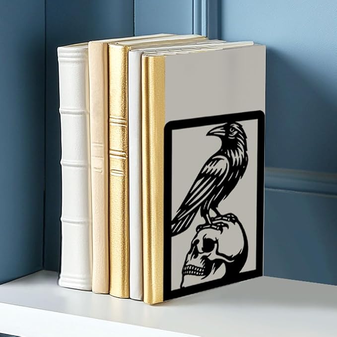 Raven and Skull Decor Gothic Metal Bookends for Shelves, Office Desk Organizer Book Ends for Heavy Books, Home Office Desk Bookshelf Decor Gift for Gothic Lovers and Reading Enthusiasts