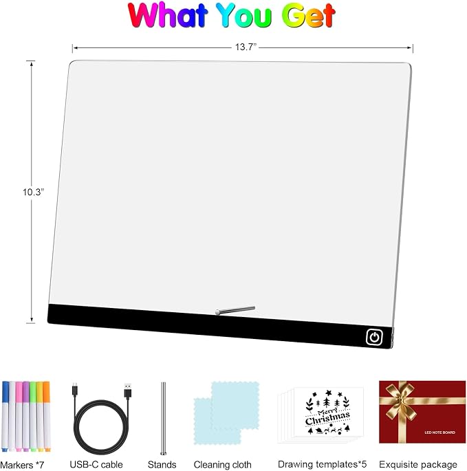 LED Note Board with Colors, 13.7"X10" Light Up Acrylic Dry Erase Board Led Drawing Board 7 Colors Message Board Night Light with 7 Markers for Birthday Party Christmas Gift