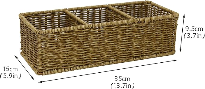 Remote Control Holder,Tv Remote Storage Basket,Handwoven Wicker Basket with 3 Compartments,Desk Caddy,Cosmetic & Night Stand Storage Box,Table Organizer for Office Supplies,Makeup Brush Holder