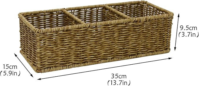 Remote Control Holder,Tv Remote Storage Basket,Handwoven Wicker Basket with 3 Compartments,Desk Caddy,Cosmetic & Night Stand Storage Box,Table Organizer for Office Supplies,Makeup Brush Holder