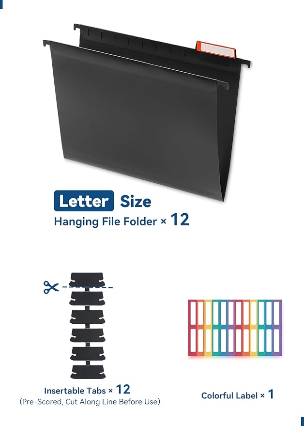SortRax Plastic Hanging File Folders, Sturdy & Tear-Resistant, Letter Size, 12 Pack with Insertable 1/5-Cut Tabs, Black