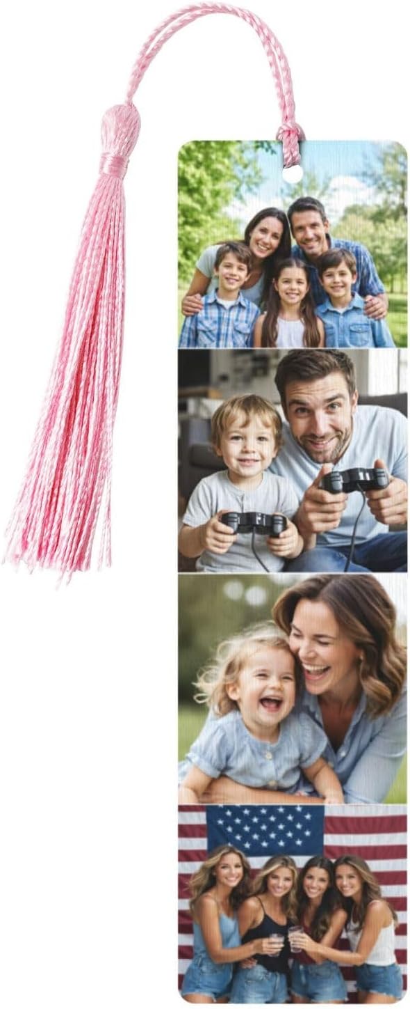 Custom Double-Sided Printed Wooden Bookmarks with 4 Photos & Text, Personalized Design Add Your Own Text/Photo/Logo, Diary Accessories Birthday Presents for Men Women Presents for Book Lovers