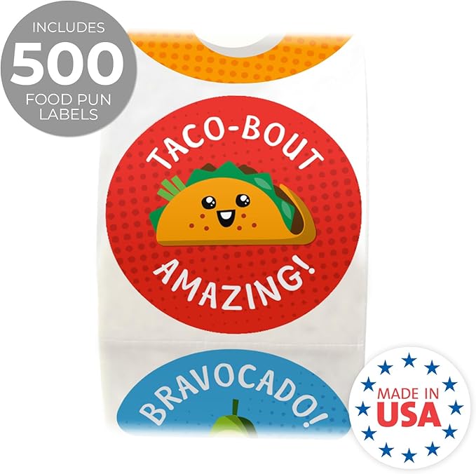 Cute Food Pun Teacher Stickers / 500 Motivational Labels / 10 Alternating Encouraging Phrase Classroom Student Reward Designs / 1.5" Circle Foodie School Sticker