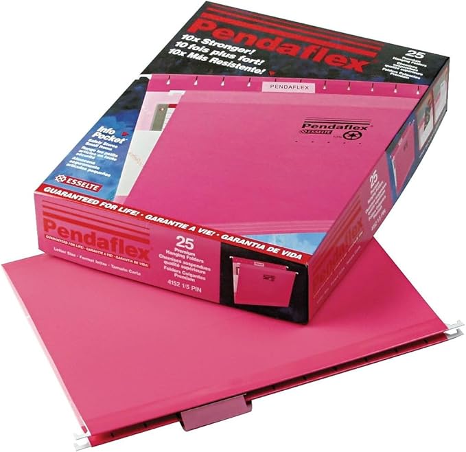 Pendaflex Reinforced Hanging File Folders, Letter Size, Pink, 1/5 Cut, 25/BX (4152 1/5 PIN)