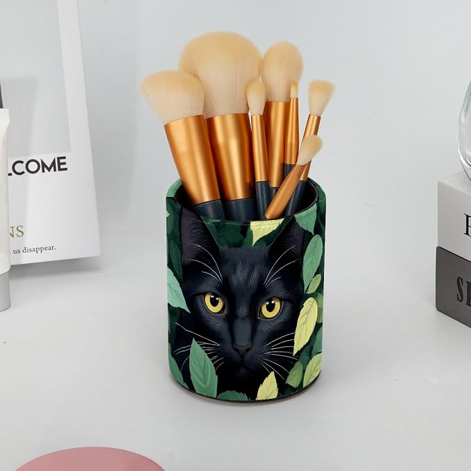 Leather Pen Holder for Desk, Green Leaves Black Cat Makeup Brushes Holder Pencil Cup Multifunctional Desktop Organizer Caddy for Home School Office Desk Accessories