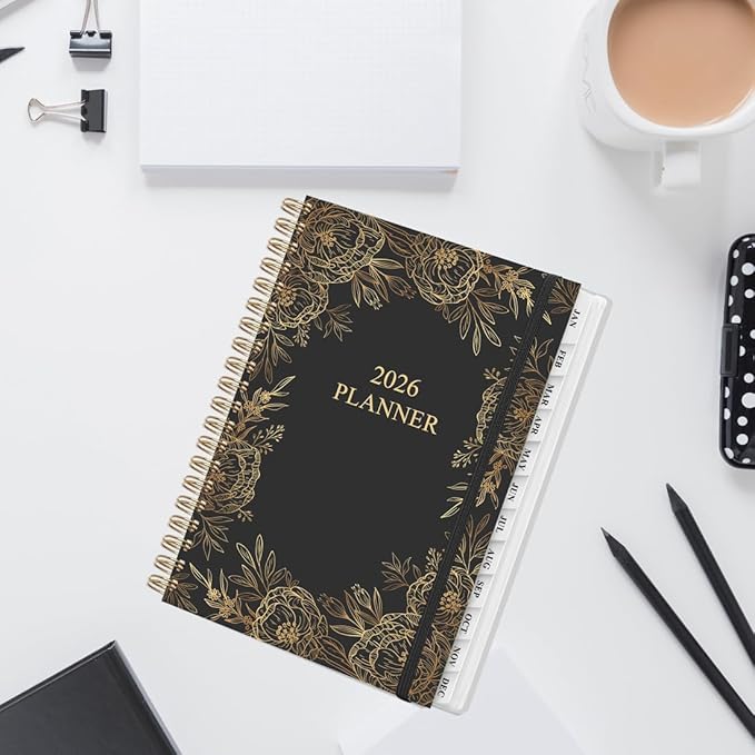 2026 Planner - Weekly and Monthly Planner Calendar from January 2026 to December 2026, Planning Agenda with Tabs & Inner Pocket, Spiral Bound for School/Office Supplies, 5.8'' × 8.3'', Gold Floral Black