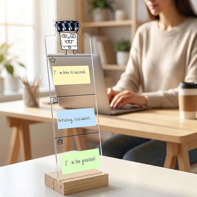 Monitor Memo Board Computer Monitor Memo Board Sticky Note Organizer MRI Acrylic Desk Accessories Removable Wooden Base Set Sticky Notes 100 Sheets 11.8×3.1 inches