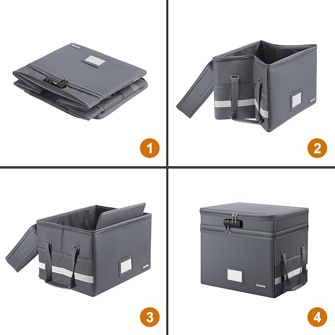 DocSafe File Box with Lock,Multi-Layer Fireproof Document Box Collapsible File Storage Organizer with Pockets/Handle,Large Portable Home Office Filing Box for Hanging Letter/Legal Size Folders,Gray