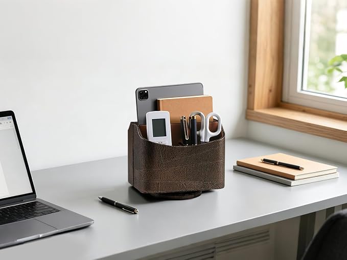 PU Leather Remote Control Holder, 360 Degree Rotating Desk Organizer Luxury Desktop Storage Rack, Rotating Bedside Storage Box for Desktop Office Living Room Bedroom (Brown Vintage)
