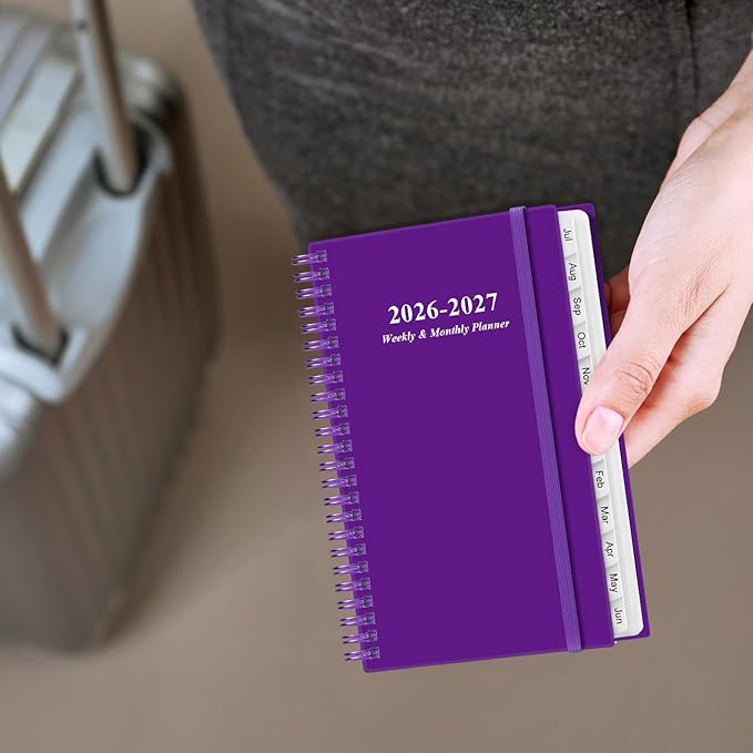 2026-2027 Pocket Planner/Calendar - 2026-2027 Planner from July 2026 - June 2027, Planner 26-27 with 12 Tabs, Twin-Wire Binding, Inner Pocket, 3.75" x 6.75, Purple