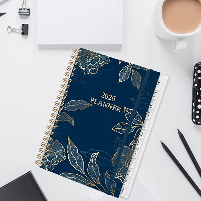 2026 Planner - Weekly and Monthly Planner Calendar from January 2026 to December 2026, Planning Agenda with Tabs & Inner Pocket, Spiral Bound for School/Office Supplies, 5.8'' × 8.3'', Blue Gold Leaf
